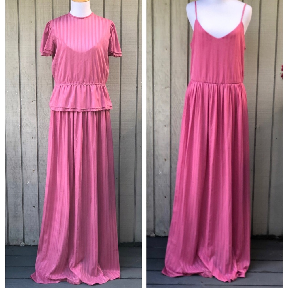 Vintage Peplum Textured Flutter Sleeves Pink Two-Piece Maxi Dress Set size 9/10